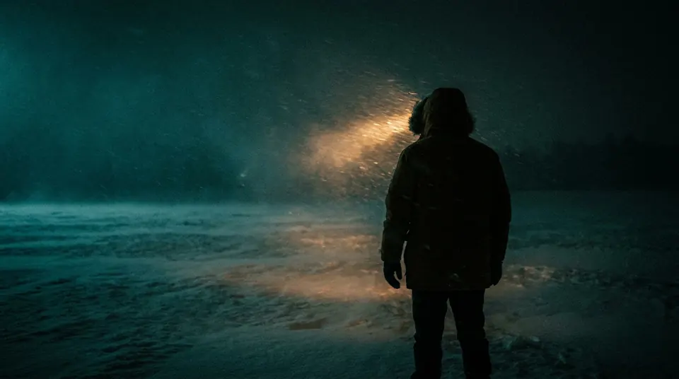 Lone figure in a parka standing in a blizzard at night with a headlamp