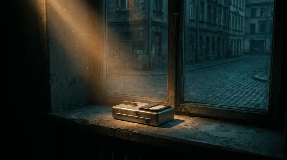 Geiger counter on a concrete windowsill with dust in a beam of light